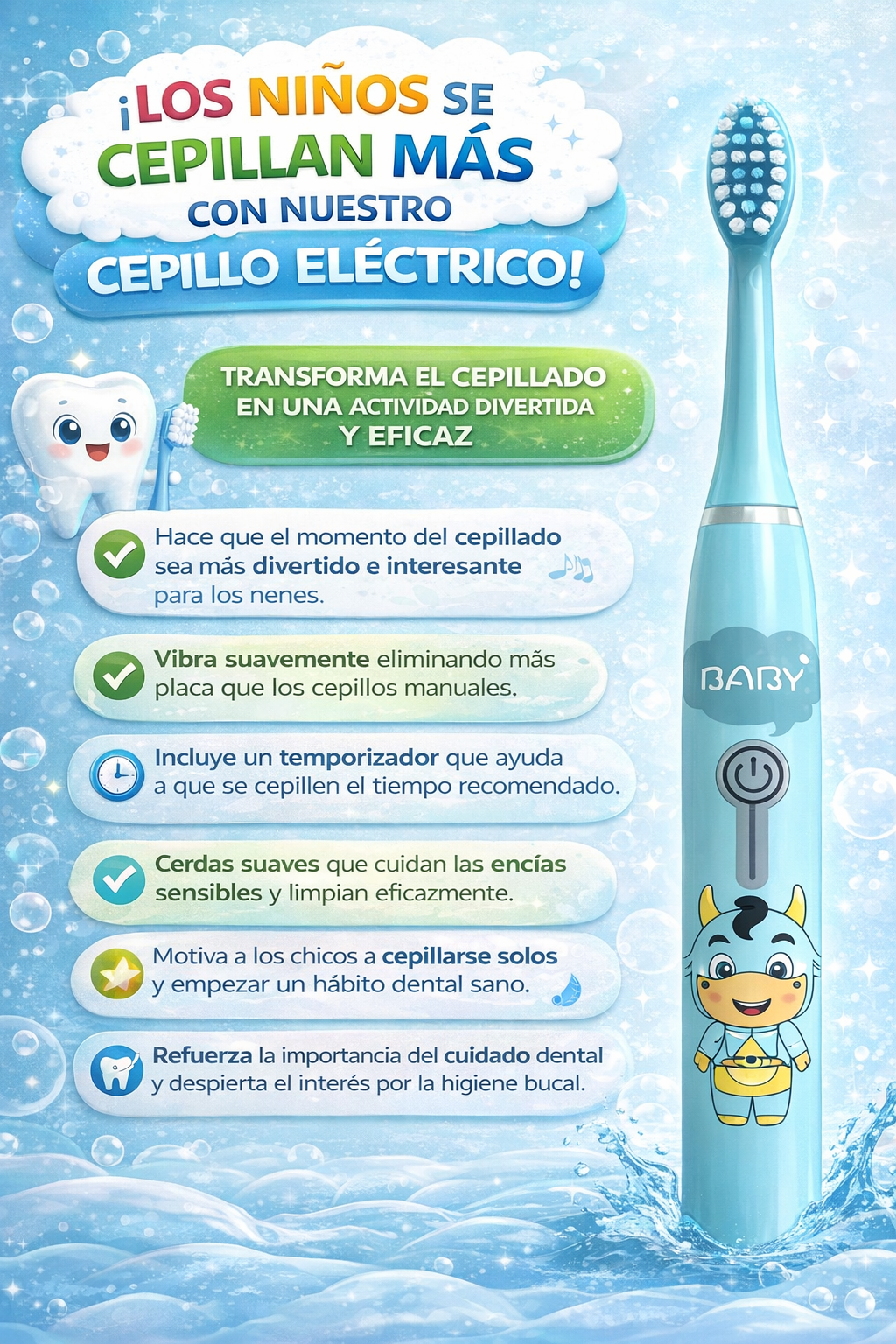 Cepillo Dental Electrico Infantil con 4 Cabezales Intercambiables