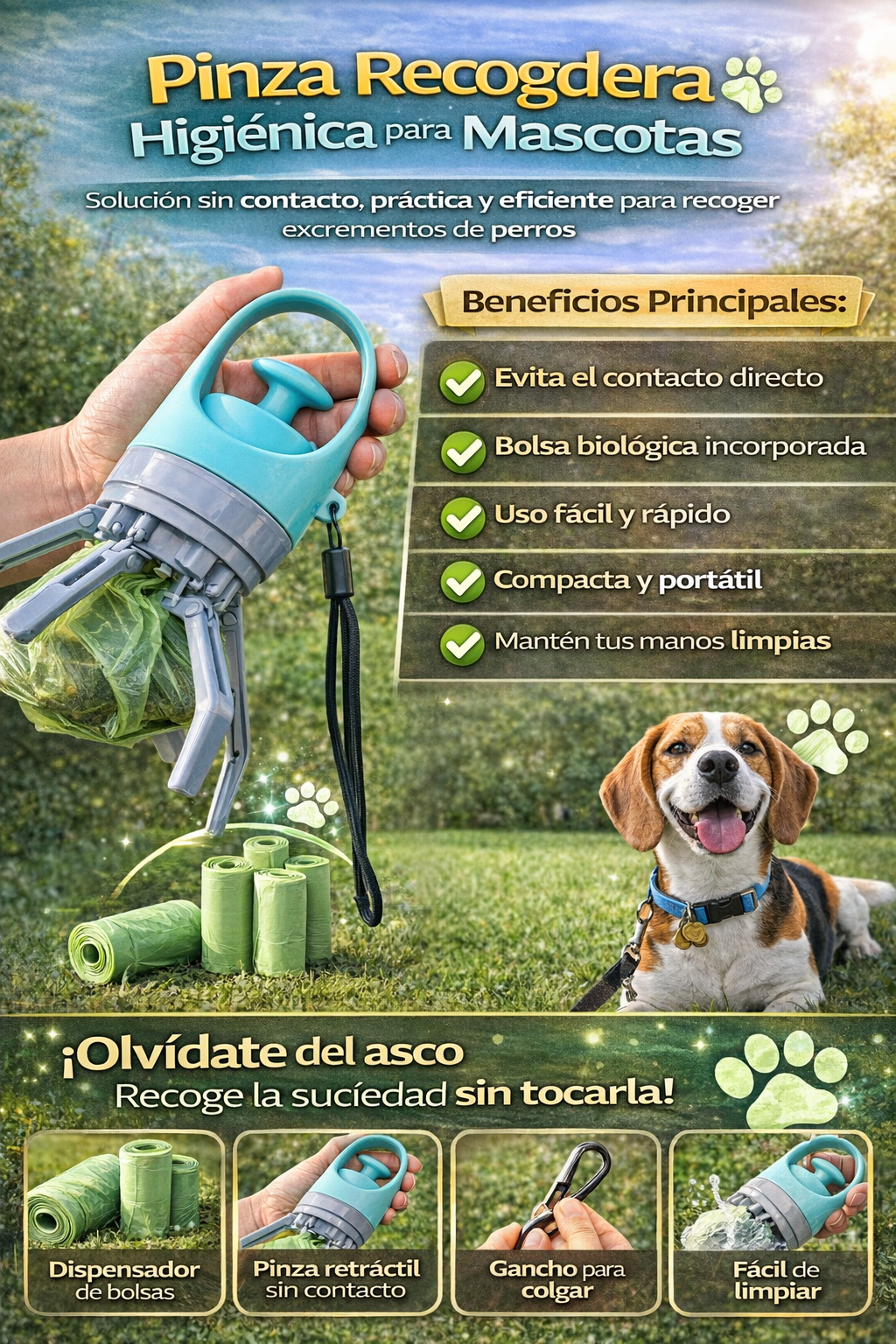 Pinza Recogedora Higiénica para Mascotas – Sin Contacto y Fácil de Usar