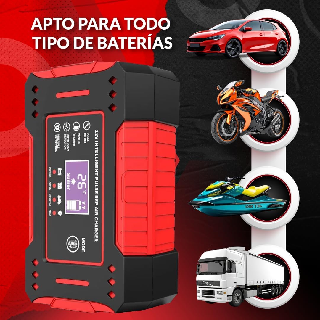 CarSolutions© Cargador Baterías Vehiculos 12V6A | Cargador De Batería Carro/Moto con Función Inteligente