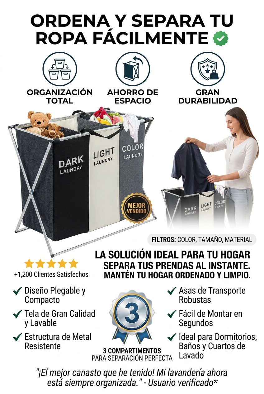 Cesto Para Ropa Sucia Canasto 3 Divisiones Plegable