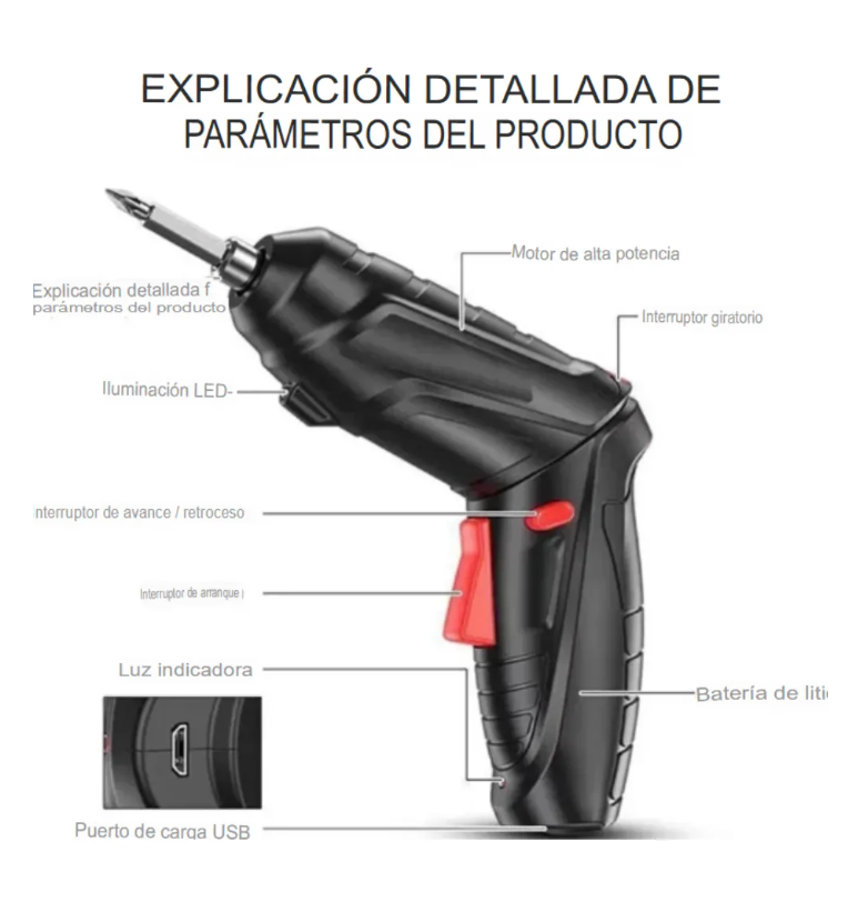Taladro Destornillador Atornillador Eléctrico Recargable 45p Negro 5v