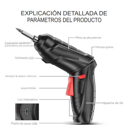 Taladro Destornillador Atornillador Eléctrico Recargable 45p Negro 5v