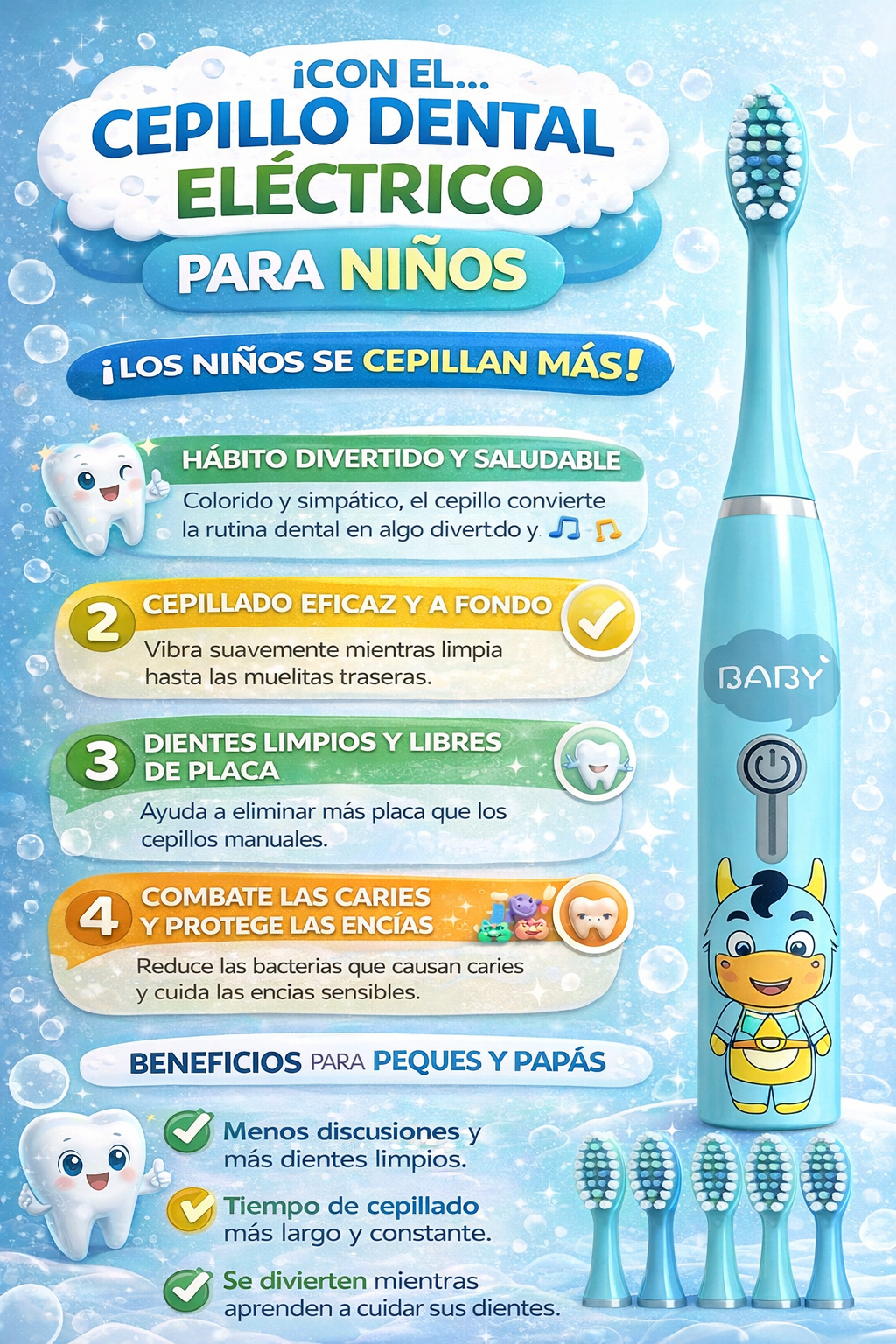 Cepillo Dental Electrico Infantil con 4 Cabezales Intercambiables