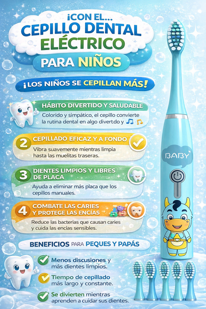 Cepillo Dental Electrico Infantil con 4 Cabezales Intercambiables