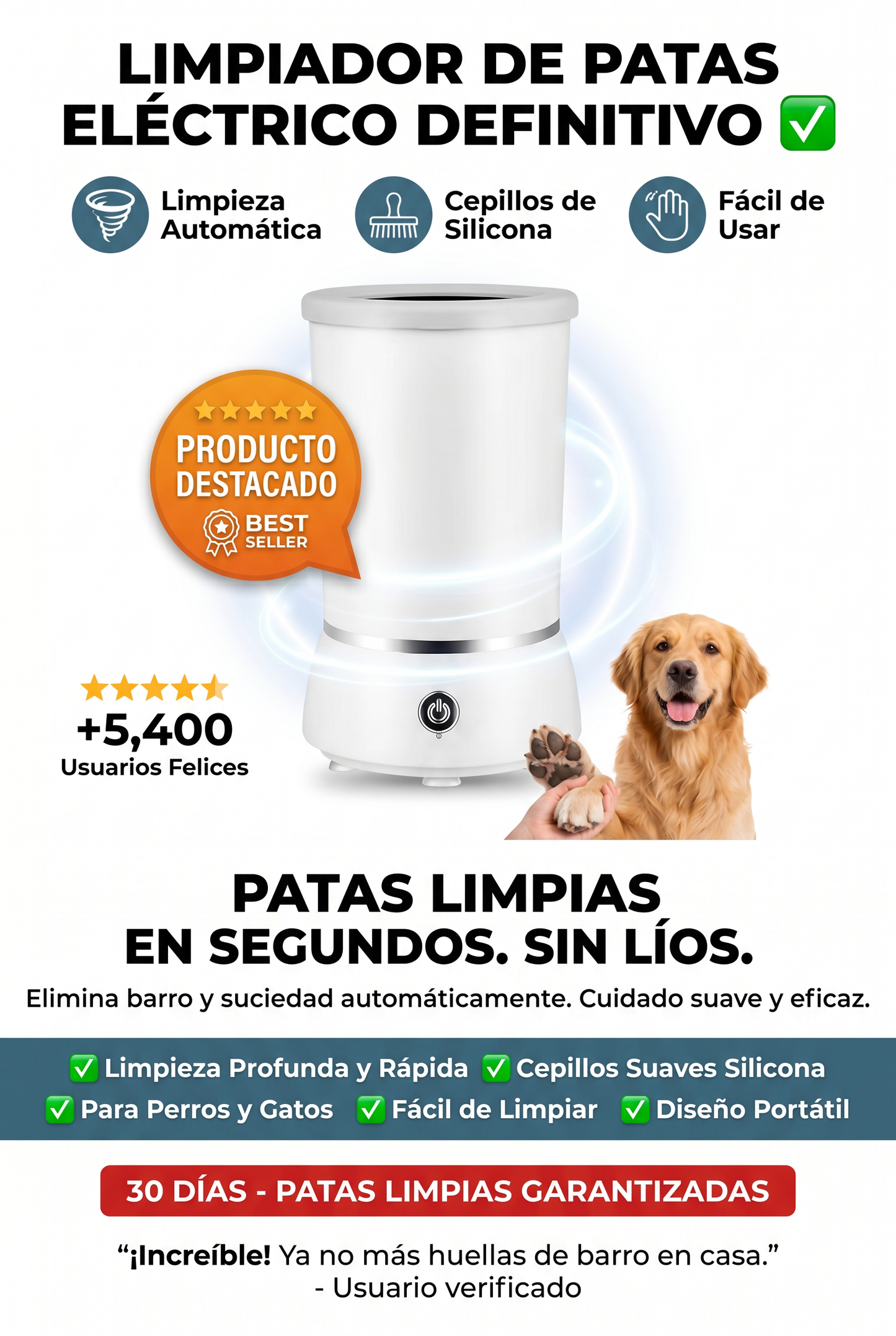 Limpiador de patas eléctrico para mascotas con sistema de limpieza automática y cepillos de silicona