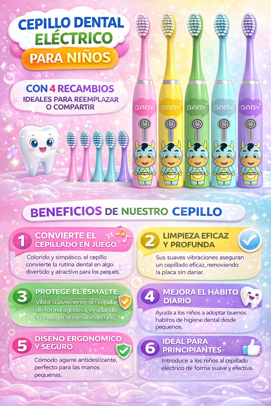 Cepillo Dental Electrico Infantil con 4 Cabezales Intercambiables